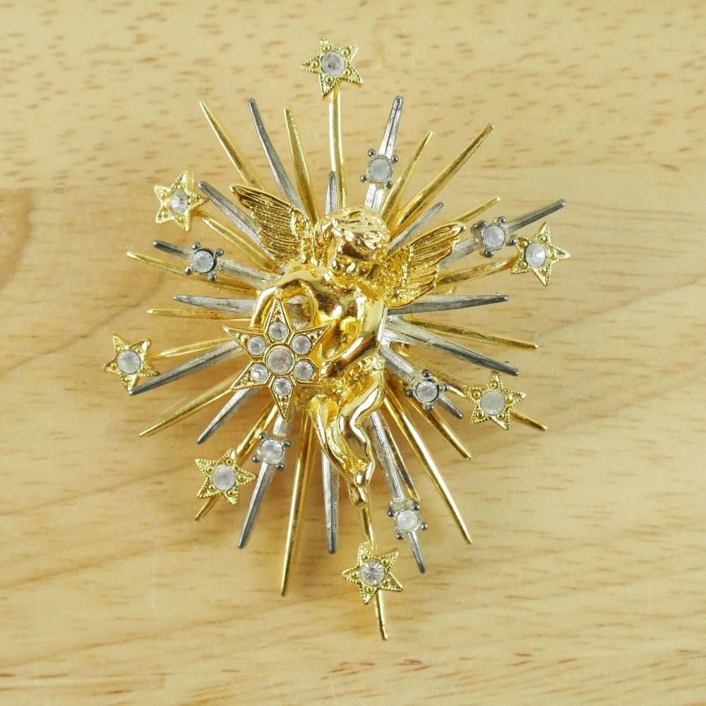 Graziano Vintage Cherub Starburst Brooch Gold Silver Tone Rhinestone Angel Star